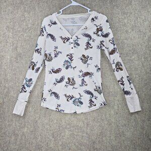 Time And Tru Womens Henley Top Floral Print White Medium Long Sleeve Stretch Fit